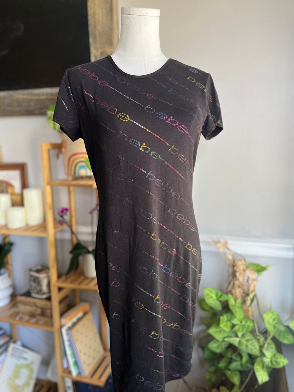 Vintage Y2K Black Bebe Shirt Dress Knee Length Logo Size Medium